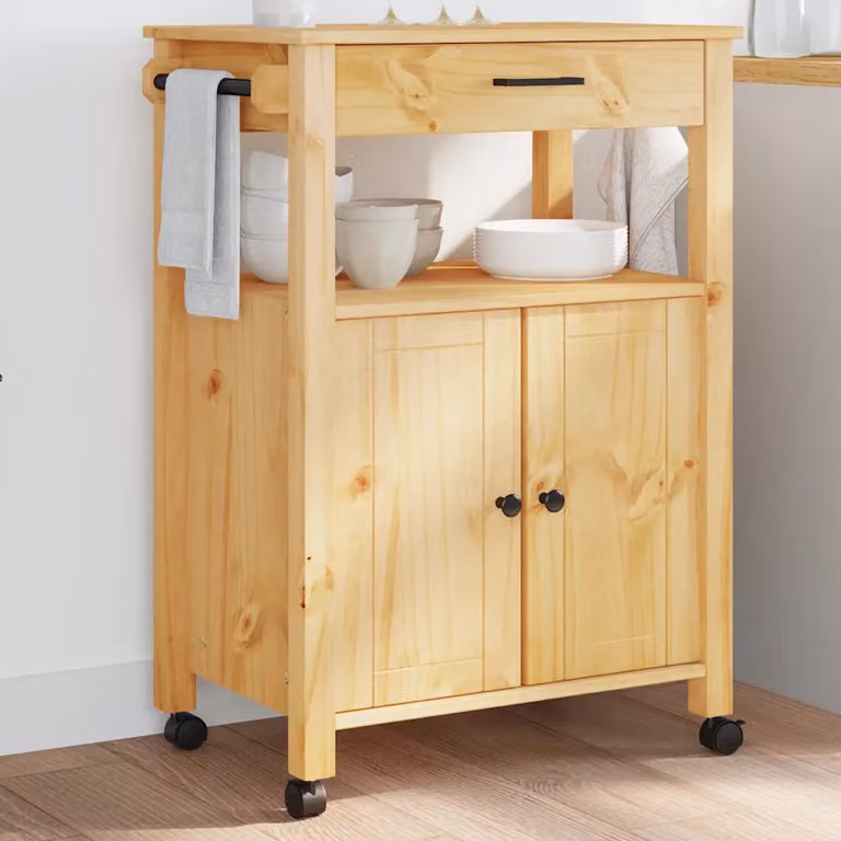 vidaXL Carrello da Cucina MONZA in Legno di Pino Marrone con Ruote L/P/H: 60 x 40 x 88,5 cm
