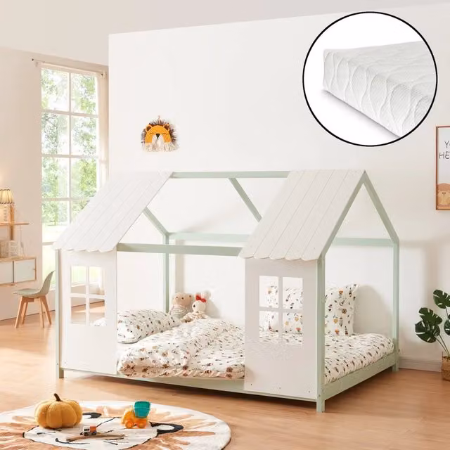 Letto Tostedt en.casa a forma di casetta per cameretta con materasso in legno di pino, Menta Verde / Bianco, L/P/H: 200 x 140 x 147 cm