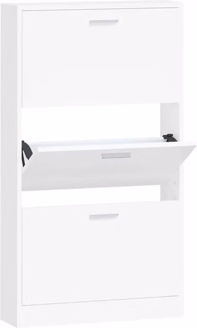 Scarpiera moderna in MDF bianco con scomparti basculanti per ingresso, corridoio o soggiorno, L: 59 cm, P: 17 cm, H: 108 cm