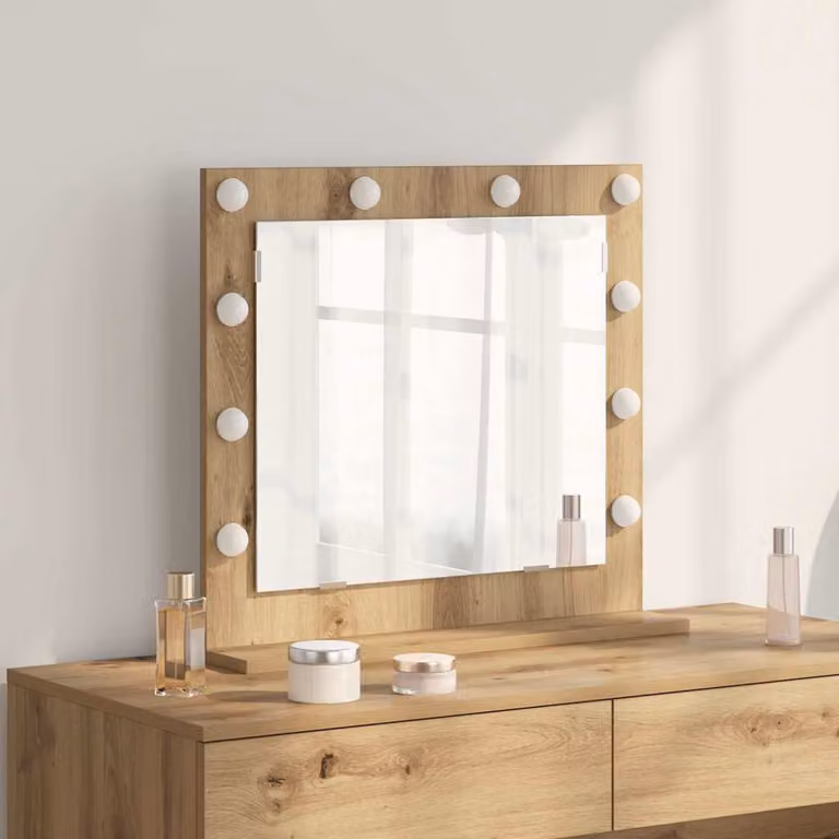 Specchio da vanità moderno vidaXL con luce LED e ricarica USB, marrone, L: 60 cm, P: 18 cm, H: 55 cm