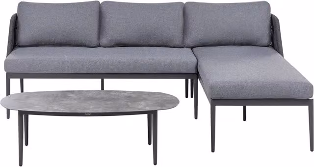 Set da giardino moderno con divano angolare a sinistra da 3 posti e tavolino, colore grigio, struttura in alluminio verniciato a polvere e tessuto resistente ai raggi UV
