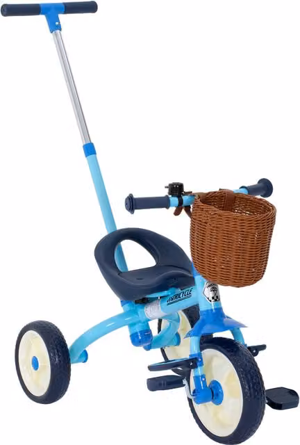 Triciclo 2 in 1 AIYAPLAY per bambini con manubrio regolabile e cestino, azzurro