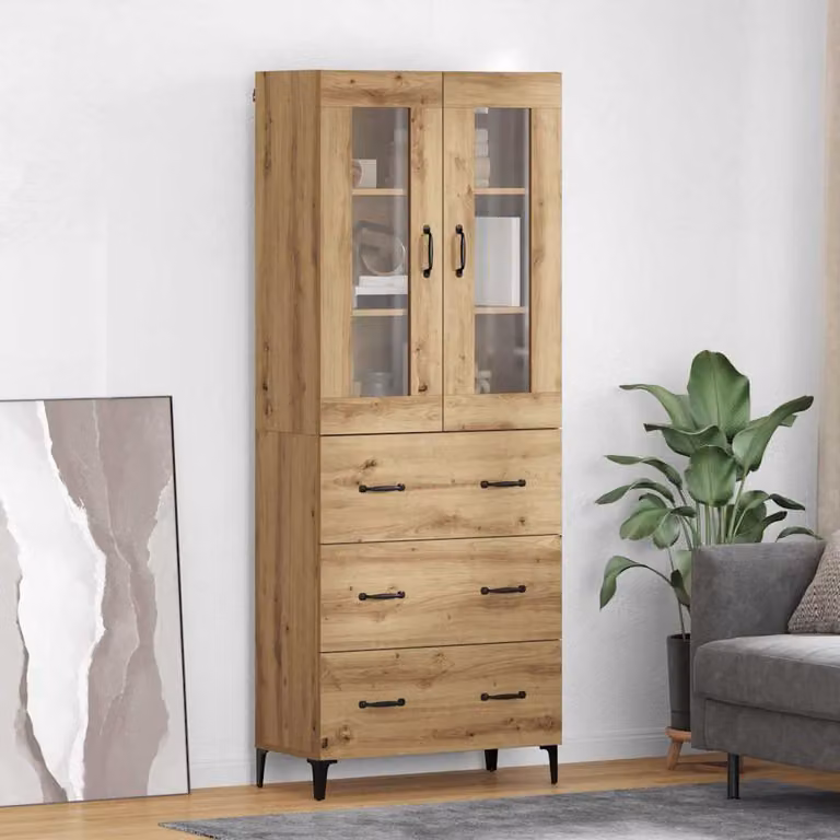 Credenza moderna vidaXL in rovere con ante in vetro e ripiani interni, marrone, L: 69,5 cm, P: 34 cm, H: 180 cm