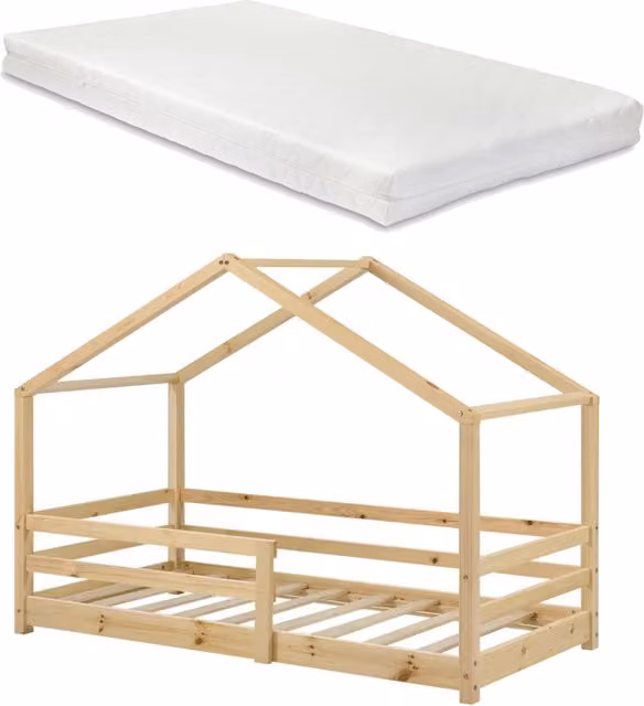 Letto per bambini a forma di casetta EN.CASA in legno di pino con materasso in schiuma e sponde di sicurezza, dimensioni 90 x 200 cm, disponibile in bianco o marrone
