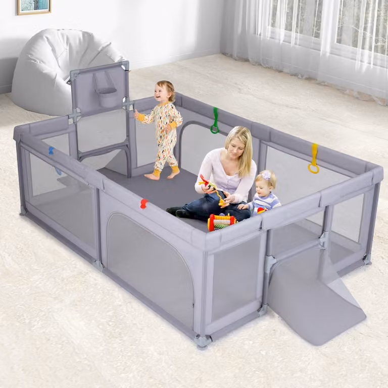 Area giochi Costway con canestro da basket e palline oceaniche, recinto rettangolare per bambini Grigio chiaro