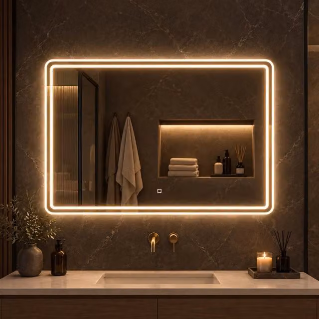 Specchio rettangolare con doppia cornice OGOMONDO, luce LED dimmerabile e interruttore touch, L: 100 cm, H: 80 cm, colore bianco