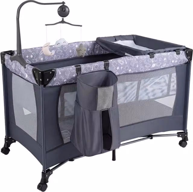 Lettino pieghevole da viaggio per bambini 0-3 anni con materasso, fascioio, recinto e scatola musicale, colore grigio, L: 126 cm, P: 77 cm, H: 65 cm
