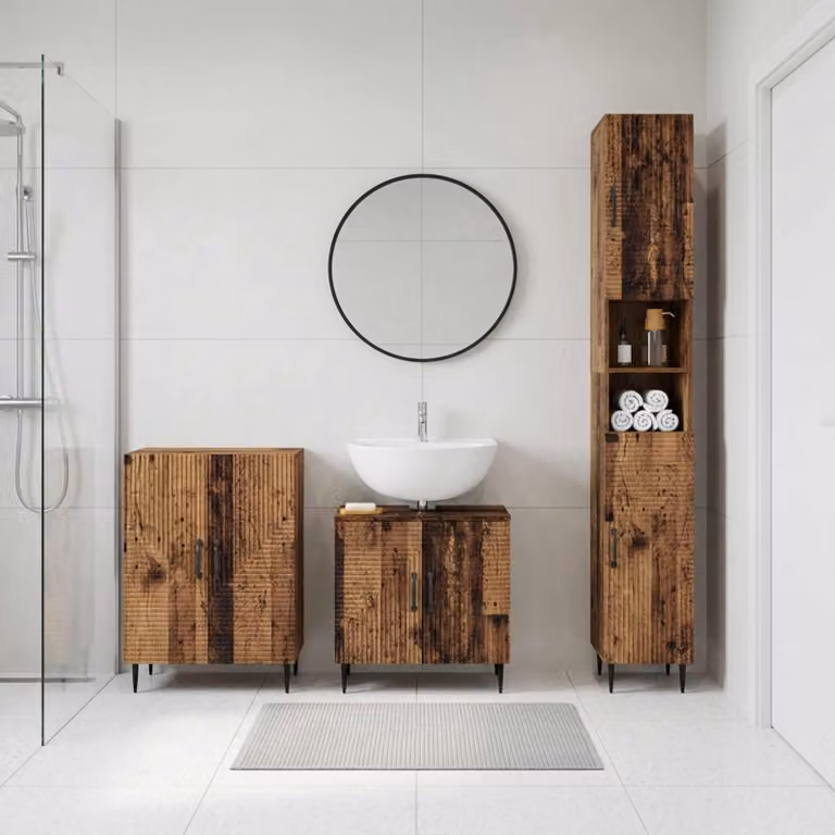 Set di armadietti da bagno vidaXL HAARLEM in 3 pezzi, legno marrone antico, design moderno con ante a cerniera e ripiani interni