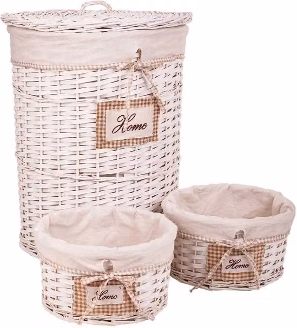 Set portabiancheria WANDERLUST DECO con due cesti in vimini e legno, colore bianco