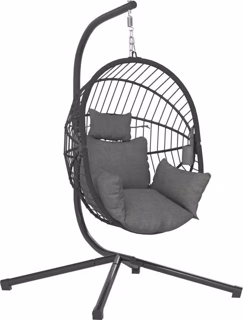 Poltrona sospesa a uovo Outsunny con cuscino imbottito e struttura in metallo, Grigio, L/P/H: 120 x 106 x 188 cm