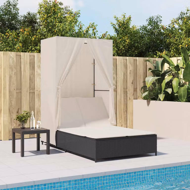 vidaXL Lettino Prendisole in Polyrattan Nero con Tetto e Tende per Giardino