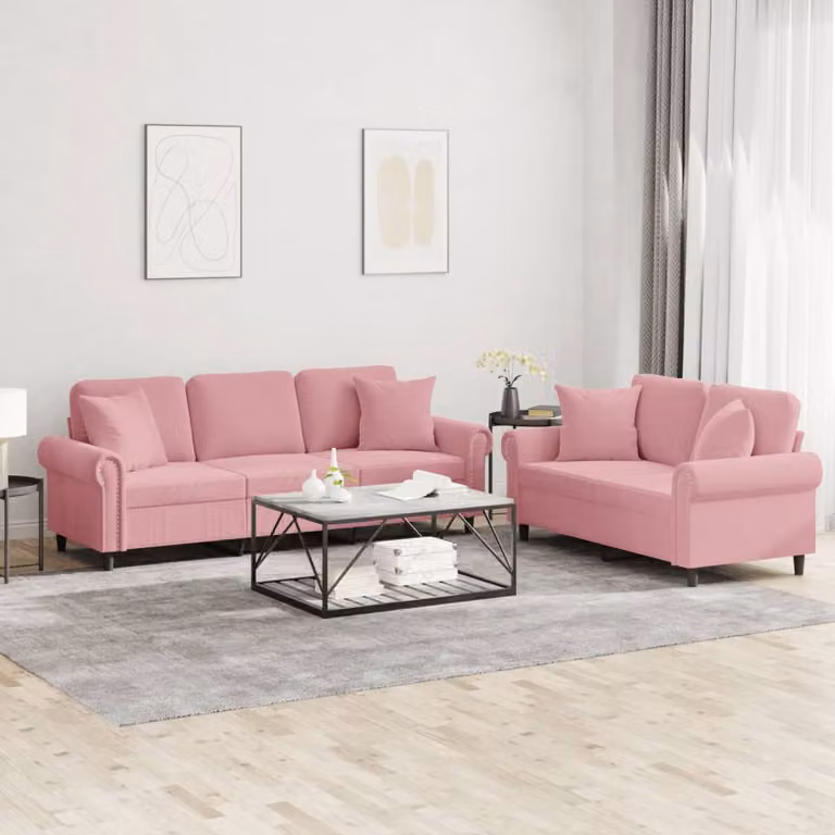 Set di 2 Divani vidaXL in Velluto Rosa con Cuscini per Soggiorno Moderno