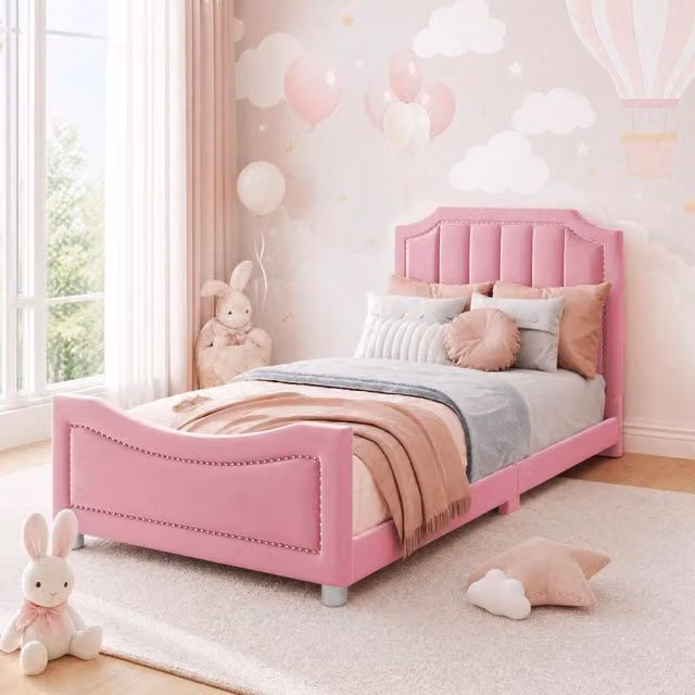 Letto singolo Mivray imbottito in flanella rosa con schienale e braccioli, L/P/H: 90 x 200 x 41,5 cm
