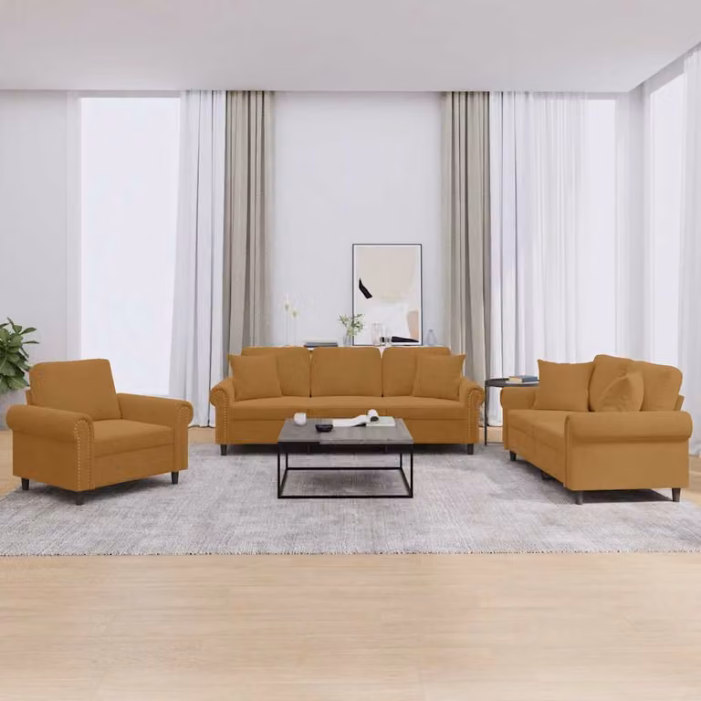 Set di divani vidaXL da 3 pezzi in velluto marrone con cuscini, design moderno per soggiorno
