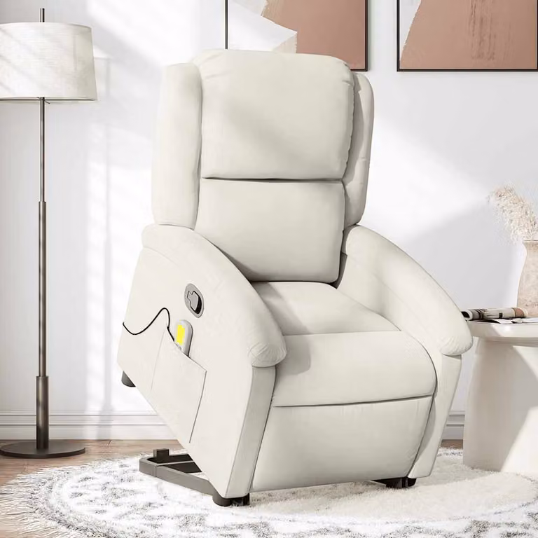 vidaXL Poltrona Alzapersona Massaggiante Reclinabile in Velluto Beige per Senior con Braccioli
