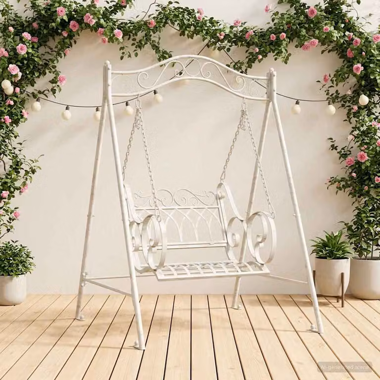 Panchina a dondolo con tendalino vidaXL in acciaio verniciato bianco antico L: 113 cm, P: 121,5 cm, H: 168 cm