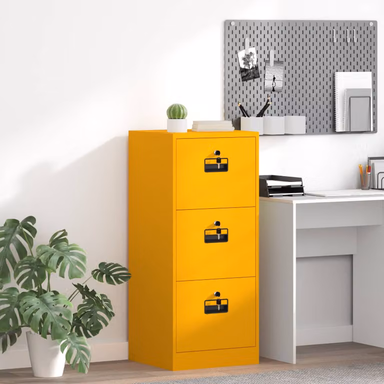 Armadio per file geometrico vidaXL in metallo giallo opaco con ante a battente e cassetti interni, L/P/H: 45,5 x 42 x 106,5 cm