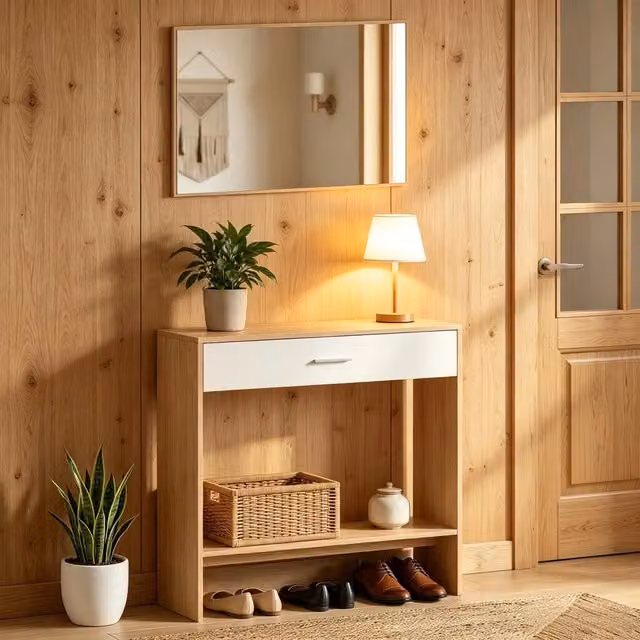 Set di mobili da ingresso Mivray moderno con consolle, cassetto, ripiano e specchio da parete in rovere e bianco L: 91.5 cm, P: 27.9 cm, H: 85.5 cm