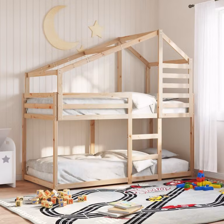Letto a Castello con Tetto per Bambini vidaXL in Legno Massello di Pino, Marrone, L 80 x P 200 cm