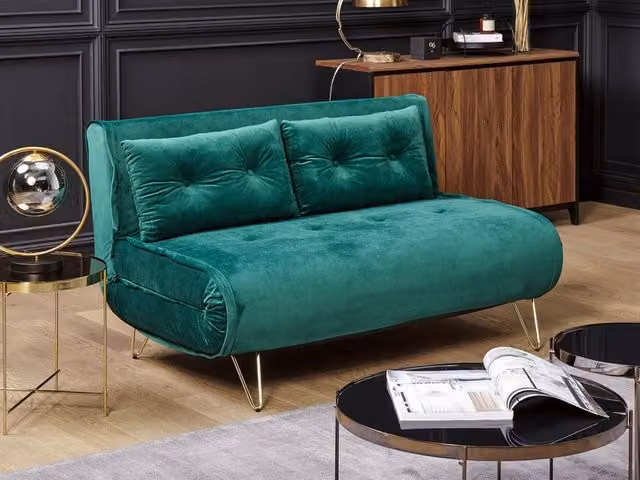 Divano Letto Beliani in Velluto Verde Scuro con Gambe in Metallo Dorato, Modello Click Clack con Cuscini e Rivestimenti Sfoderabili