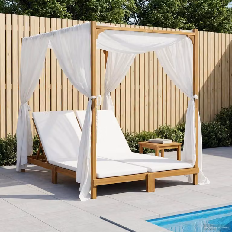 vidaXL Doppio lettino prendisole in legno di acacia con tettuccio e tende, beige e bianco, L: 203,5 cm, P: 175,0 cm, H: 110,0 cm