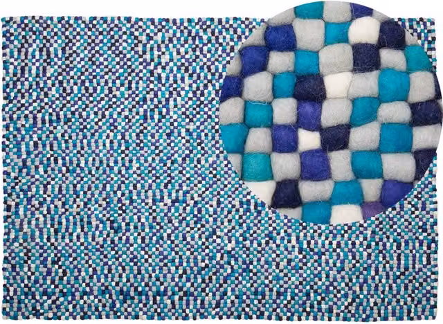 Tappeto Beliani Blu Multicolore in Lana e Feltro Intrecciato a Mano L: 160 cm, P: 230 cm