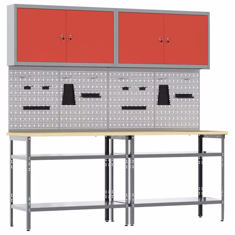 vidaXL Set banco da lavoro 8 pz in acciaio con pannello forato e altezza regolabile, Rosso e Grigio