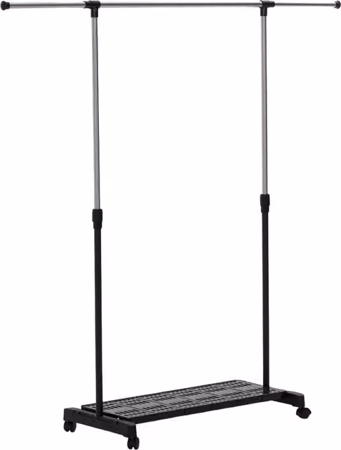 Stender Appendiabiti Estensibile HOMCOM con Ruote, Asta in Acciaio Inox e Ripiano per Scarpe, L/P/H: 159 x 42 x 168 cm, Nero e Argento