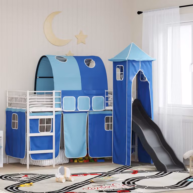 Letto a castello per bambini vidaXL in metallo Bianco, Blu e Nero L/P/H: 194 x 105 x 116 cm
