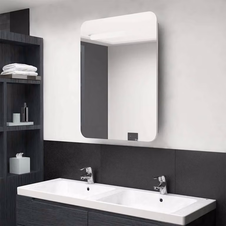 vidaXL Armadietto da Bagno Moderno con Specchio e Illuminazione LED, Bianco e Rovere, L: 60 cm, P: 11 cm, H: 80 cm