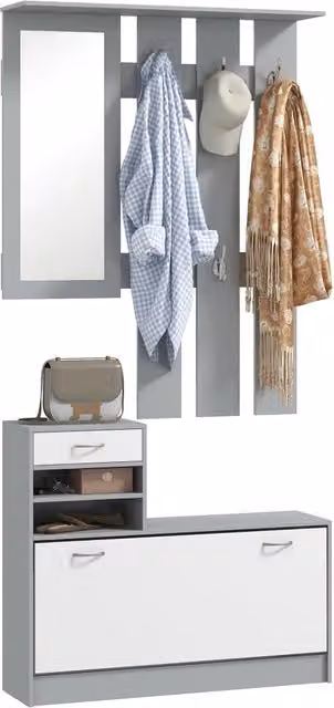 Mobile Ingresso Xylo con Scarpiera, Appendiabiti e Specchio, Bianco e Grigio, L 90 cm x P 10 cm x H 91 cm