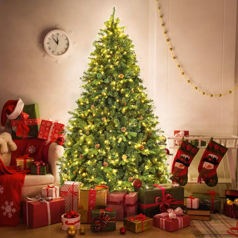 Albero di Natale artificiale verde Costway con 460 LED, 61 pigne e 925 rami, Altezza: 210 cm