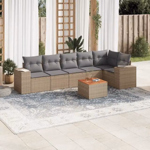 vidaXL Set Divani da Giardino 7 pz a Forma a L in Polyrattan con Cuscini Beige e Grigio