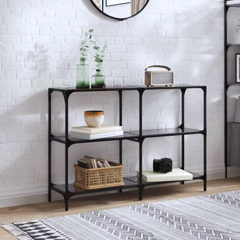 vidaXL Tavolino Consolle Moderno con Piano in Vetro Nero e Struttura in Metallo L 118,5 x P 30 x H 81 cm