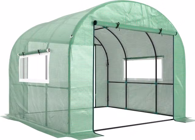 Outsunny Serra a Tunnel per Orto in Acciaio e PE Anti UV con Porte Avvolgibili e Finestre, Verde, L/P/H: 300 x 300 x 200 cm