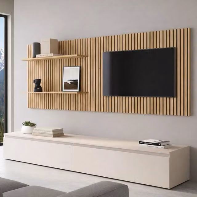 Parete Attrezzata Modulabile Pollina DMORA per Soggiorno, Design Moderno in Rovere Beige, L: 138 cm, H: 40 cm, P: 40 cm