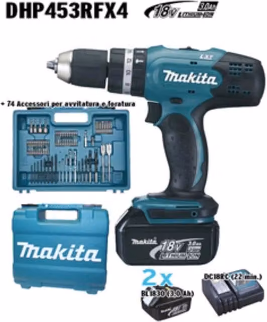Makita Trapano con Percussione DHP453RFX4 18V LXT con 74 Accessori