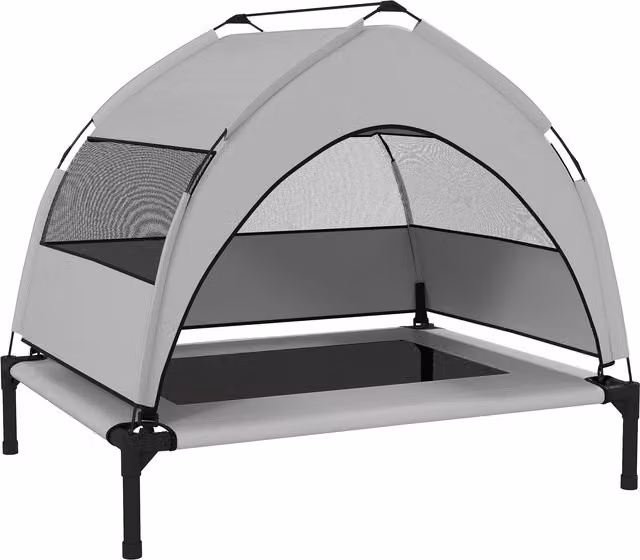 Cuccia da esterno rialzata PawHut con tetto e telaio in acciaio per cani di taglia media, Grigio chiaro, L: 76 cm, P: 61 cm, H: 70 cm