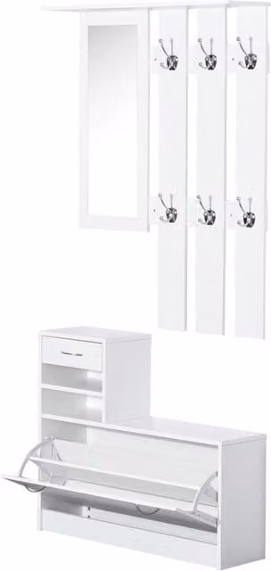 Mobile da Ingresso Xylo Bianco con Specchio, Appendiabiti, 6 Ganci, Ripiani e Cassetto Portascarpe