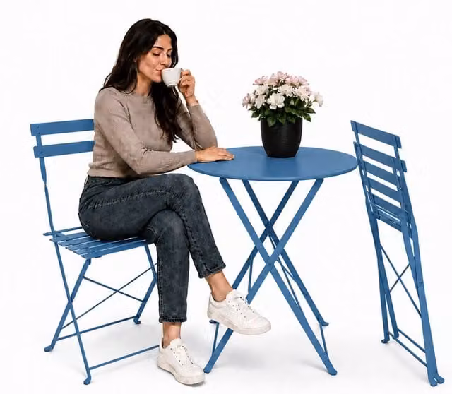 Set Tavolo e 2 Sedie Richiudibili Zendea in Acciaio Verniciato Blu per Giardino e Terrazzo, Tavolo Rotondo ø 60 cm
