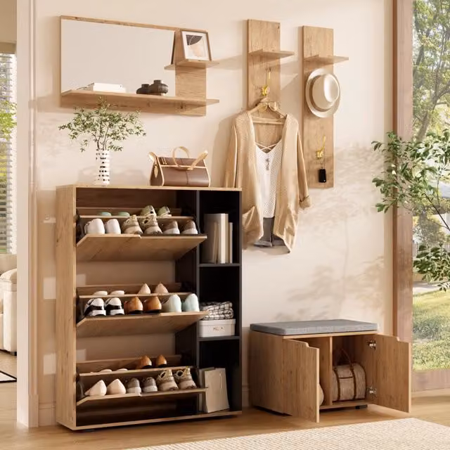 Mobile da ingresso moderno con specchio, appendiabiti, scarpiera e panca imbottita in legno nero e marrone, L: 150 cm, P: 35 cm, H: 161,5 cm