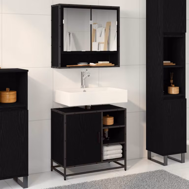 Set di mobili per il bagno vidaXL 2 pezzi in rovere e nero con mobile lavabo e pensile specchiato moderno L/P/H: 65 x 33 x 60 cm e 34,65 x 33 x 60 cm