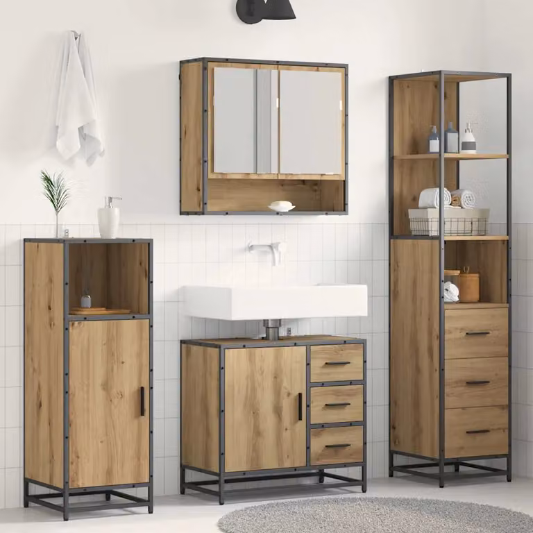 Set di mobili per il bagno vidaXL 3 pezzi in rovere con armadietto specchio, mobile lavabo e mobiletto laterale, marrone opaco