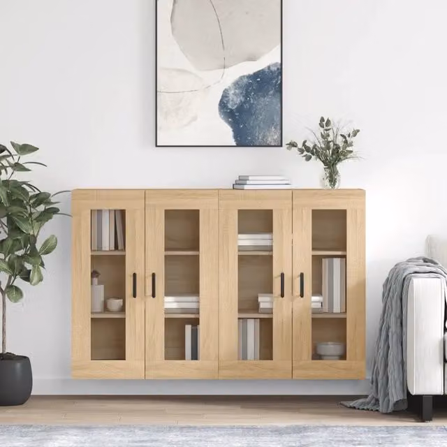 Set di 2 armadietti da parete vidaXL in legno e vetro con ante in vetro, colore marrone rovere, ideali per il bagno, stile moderno