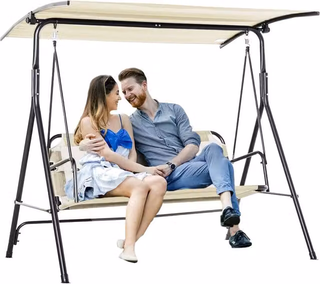 Dondolo da Giardino Bakaji a 3 Posti con Tettuccio Parasole Regolabile e Braccioli, Colore Beige, L/P/H: 172 x 110 x 155 cm