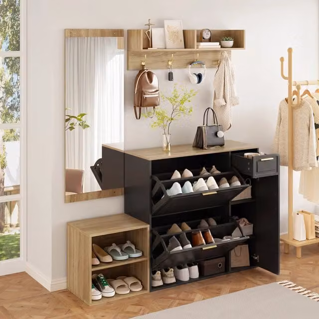 Set ingresso WISHDOR 4 pezzi moderno con scarpiera, panca, appendiabiti da parete e specchio, colore Naturale e Nero