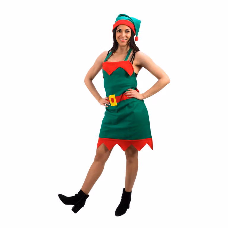 Grembiule da Elfo con Cappello per Donna Vestiamo Casa, Rosso e Verde, 80x30 cm