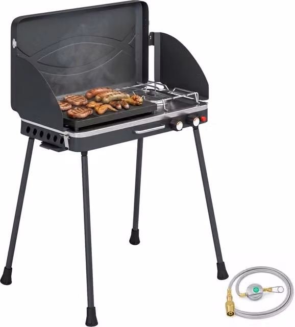 Barbecue a Gas Portatile 2 in 1 Zephmum da 7 kW Grigio e Nero con Griglia e Piani d'Appoggio