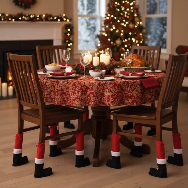 Set di 4 coperture per gambe di sedia a tema Babbo Natale in pile, colori rosso, nero e oro