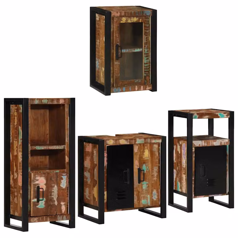 Set di mobili per il bagno moderno vidaXL in legno e metallo nero e multicolore, composto da mobile sottolavabo, colonna alta, pensile e armadietto a specchio, L/P/H: 55 x 35 x 60 cm